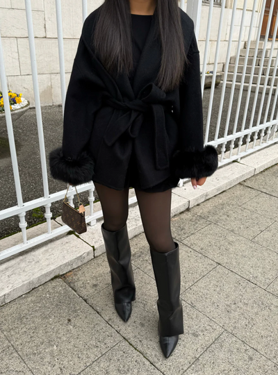 WOOLCOAT WITH FUR- BLACK