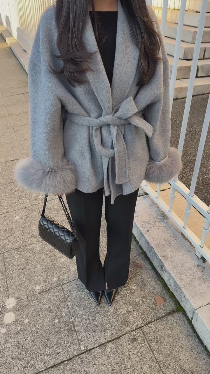 WOOLCOAT WITH FUR- STONE GREY